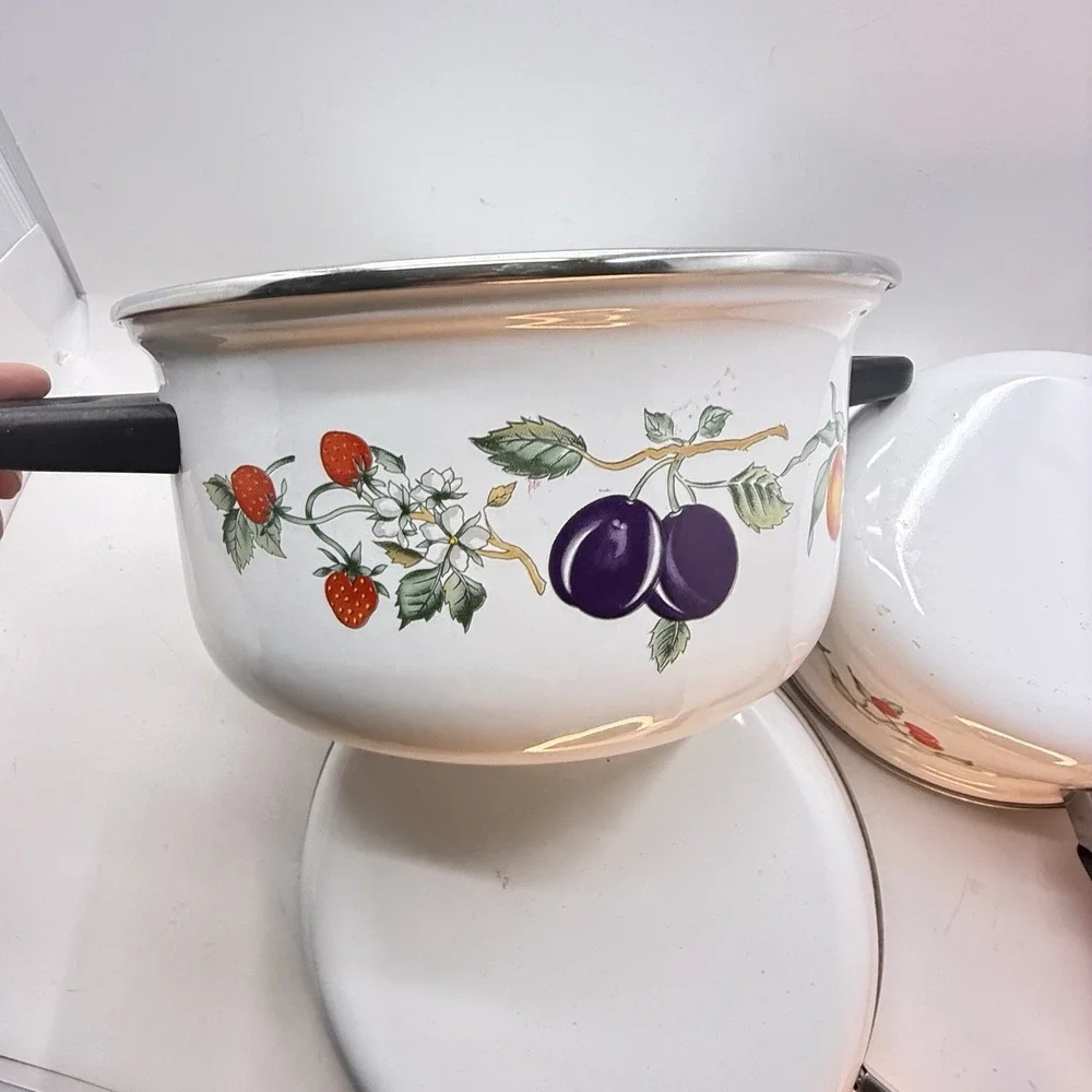 Vintage Tabletops Unlimited Dulcie Enamelware Cookware Set Fruit Motif 3 Pc